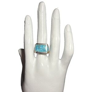 Desert Rose Trading Turqouise and Silver Rectagle Thick Ring 925 Stamped J-9A